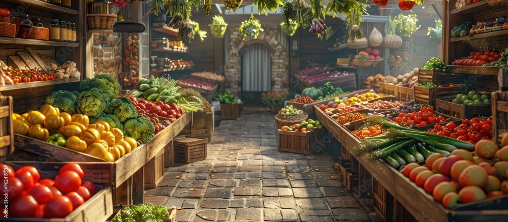 Fototapeta premium Vibrant Produce Display in a Local Market Exploring the Essence of Community and Commerce This image showcases a bustling marketplace filled with an array of fresh colorful produce