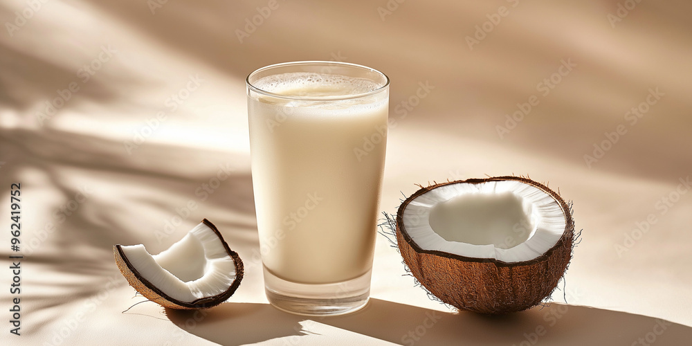 a frothy glass of coconut milk with a cracked coconut against an isolated ivory background a frothy glass of coconut milk with a cracked coconut against an isolated ivory background