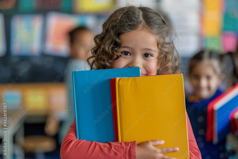 Smiling girl hugging her books surrounded joy and education. Young girl big smile holds colorful books joyful classroom. Childhood innocence linked educational enthusiasm. Smiling girl hugging her books surrounded joy and education. Young girl big smile holds colorful books joyful classroom. Childhood innocence linked educational enthusiasm.