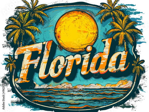 Florida city, USA. Touristic Greeting Card, travel poster from Florida. Art Vector Illustration