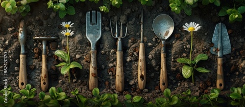 Assortment of Gardening Tools and Equipment Displayed on Dirt With Lush Greenery  Shovel rake trowel hoe and watering can arranged on soil with plants leaves and flowers in the background photo