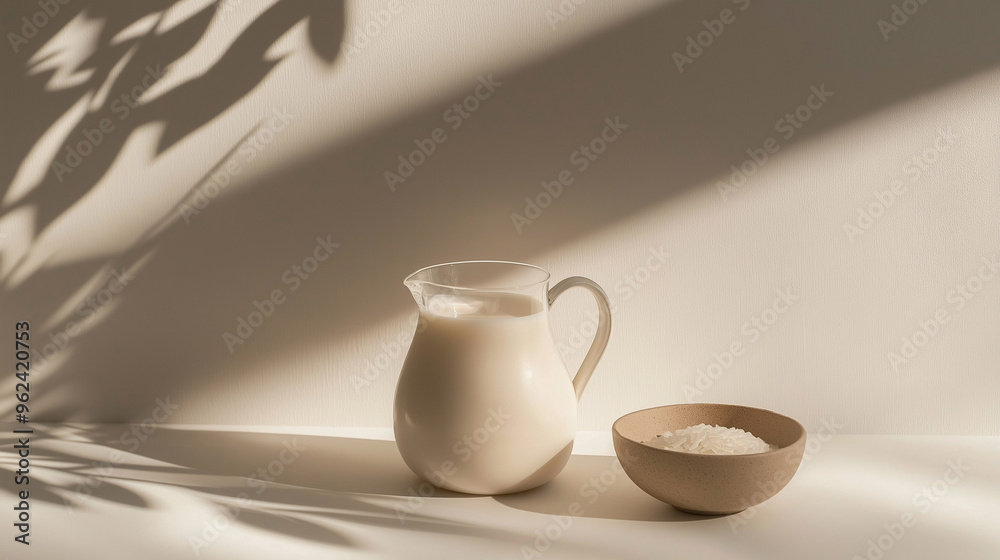 a jug of rice milk with a small bowl of rice against an isolated ivory background a jug of rice milk with a small bowl of rice against an isolated ivory background