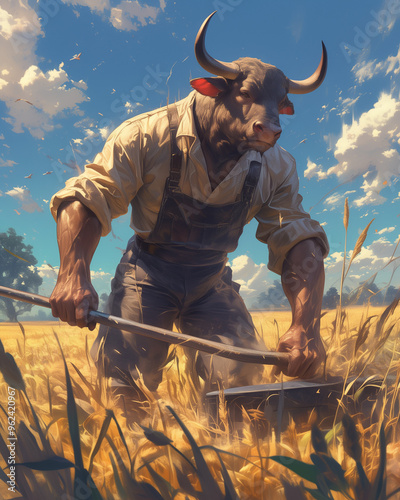 bovine beastfolk working in a sunlit field under a clear blue sky during harvest season