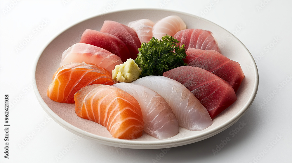 a plate of sashimi with various fish cuts including salmon, tuna, and yellowtail against an isolated white background a plate of sashimi with various fish cuts including salmon, tuna, and yellowtail against an isolated white background