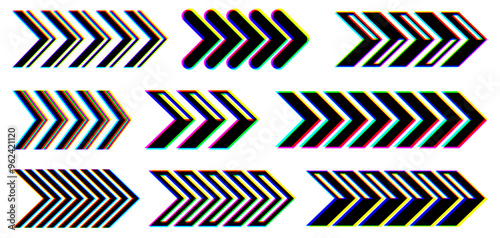 Collection of vibrant glitch-effect arrows with bold distortions. Vector illustration suitable for tech and creative designs.
