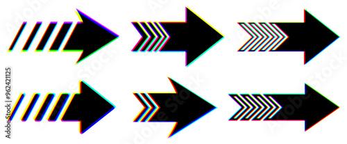 Set of glitch-style arrows in bold colors. Vector illustration ideal for tech, digital, and creative projects.