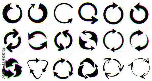 Set of circular glitch-style arrows with vibrant distortion effects. Vector illustration ideal for modern digital designs.