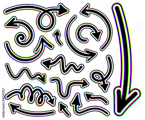 Set of glitch-style wavy and looped arrows with vibrant distortion effects. Vector illustration ideal for modern and artistic designs.