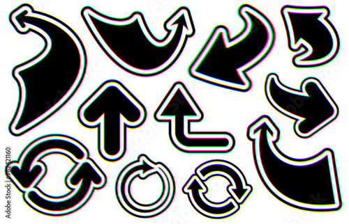 Collection of glitch-style arrows and circular icons with bold distortion effects. Vector illustration ideal for tech and creative designs.