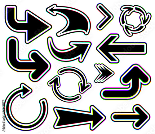 Set of various glitch-style arrows with vibrant distortion. Vector illustration perfect for tech and modern designs.