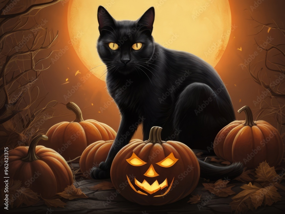 Black cat with glowing eyes sitting by a jack-o'-lantern against a full moon, Halloween theme Black cat with glowing eyes sitting by a jack-o'-lantern against a full moon, Halloween theme