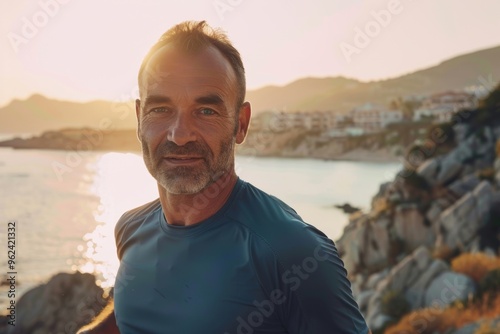 Vibrant middle-aged figure embraces balance of nature and active lifestyle. Enthusiastic runner maintains fitness while exploring seashore serenity. Adventurous embrace of nature 