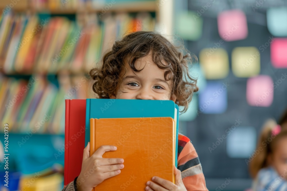 Happy boy cheerfully embraces colorful books lively learning environment. Young student curly hair smiling brightly while holding textbooks. Excitement of new knowledge Happy boy cheerfully embraces colorful books lively learning environment. Young student curly hair smiling brightly while holding textbooks. Excitement of new knowledge