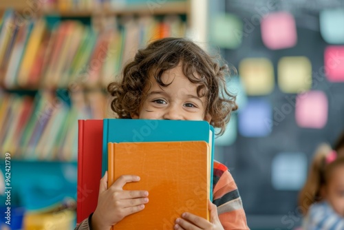 Happy boy cheerfully embraces colorful books lively learning environment. Young student curly hair smiling brightly while holding textbooks. Excitement of new knowledge 