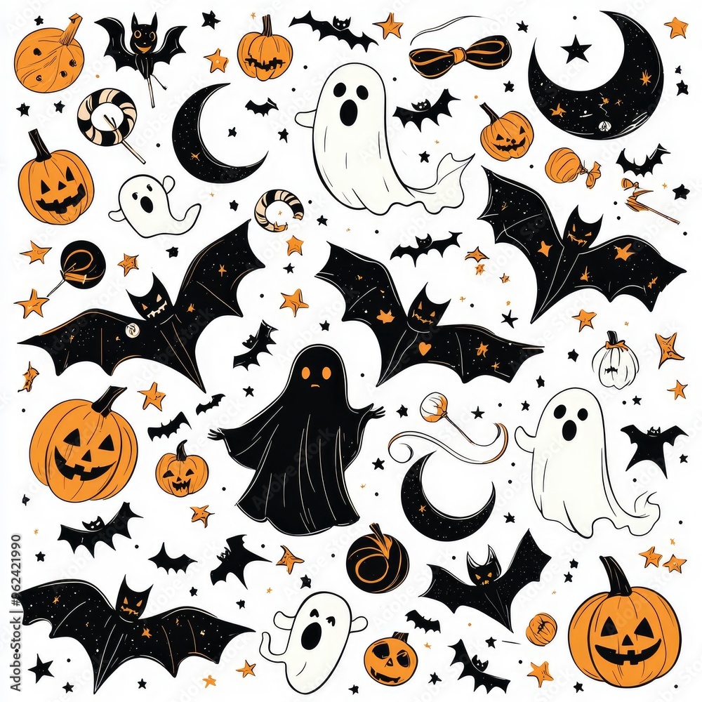 Halloween Seamless Pattern with Ghosts, Bats, Pumpkins, Stars and Moons Halloween Seamless Pattern with Ghosts, Bats, Pumpkins, Stars and Moons