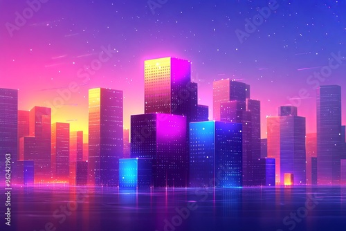 Vibrant city skyline at dusk with glowing buildings illuminating the twilight sky and reflecting on the water surface. Generative AI