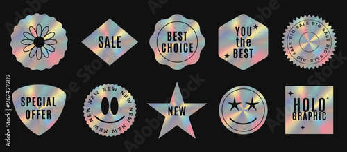 Sticker hologram emblem holographic label set. colored neon stickers, holographic label with inscriptions, emoticons. EPS 10.