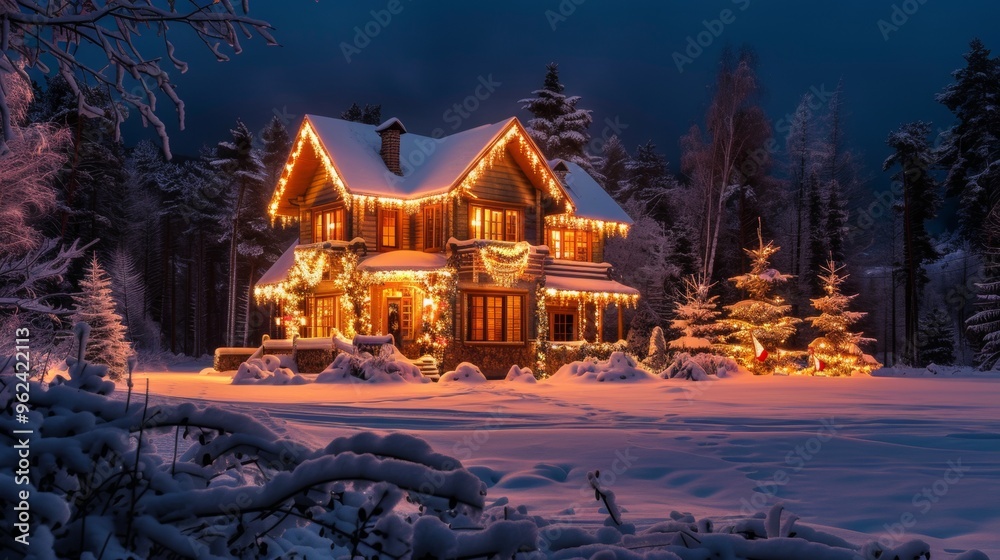 house decorated with Christmas lights, night view with snow house decorated with Christmas lights, night view with snow