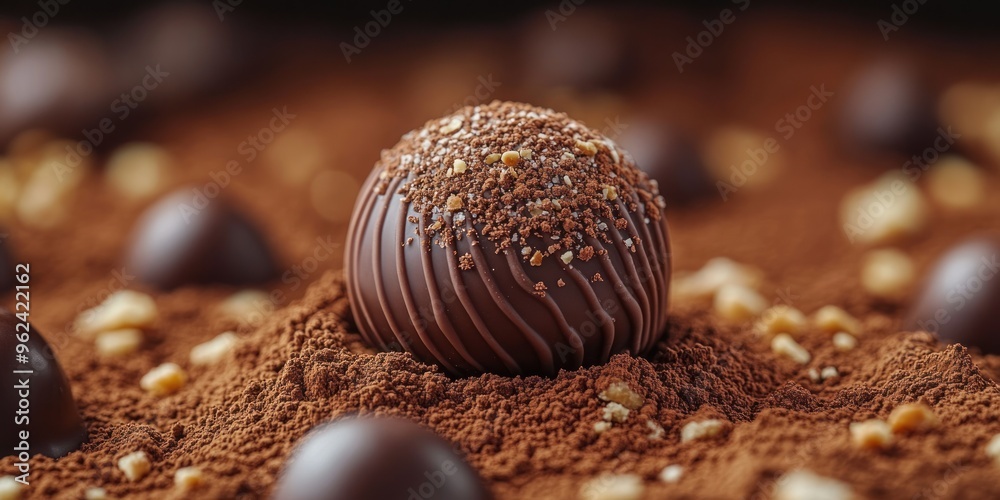 Close-up of a Chocolate Truffle Covered in Cocoa Powder and Toppings
