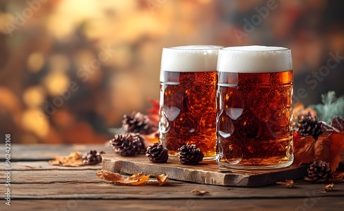 Two frosty glasses of amber beer with thick, creamy foam sit atop a rustic wooden table, surrounded by scattered autumn leaves and pinecones.