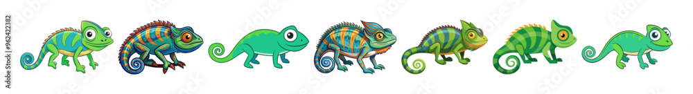 Fototapeta premium Set of colorful cartoon chameleons isolated on a white background. Concepts of reptiles, cute animals, jungle creatures, and playful illustrations. Perfect for children's designs, prints.