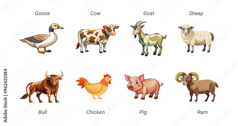 Obraz premium Set of farm animals including goose, cow, goat, sheep, bull, chicken, pig, and ram isolated on a white background. Concept of livestock, farm life, cute cartoon animals. Print, icon, design elements.