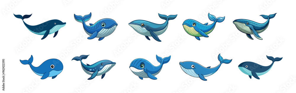 Set of cute cartoon whales isolated on a white background. Concept of marine animals, adorable sea creatures, ocean life. Icon, illustration, design elements Set of cute cartoon whales isolated on a white background. Concept of marine animals, adorable sea creatures, ocean life. Icon, illustration, design elements