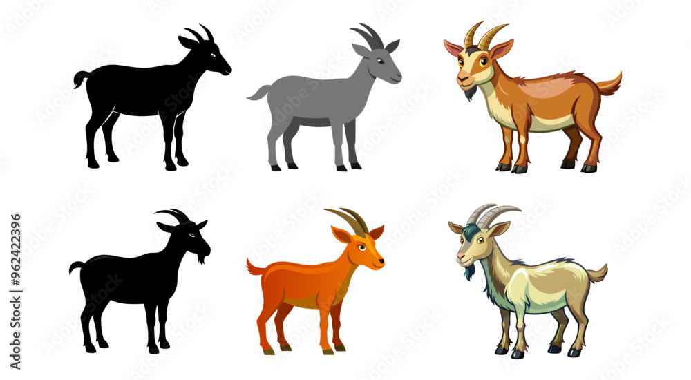 Set of goats isolated on white background. Colorful illustrations and black silhouettes. Concept of domestic farm animals, cute cartoon goats. Print, icon, design elements. Set of goats isolated on white background. Colorful illustrations and black silhouettes. Concept of domestic farm animals, cute cartoon goats. Print, icon, design elements.