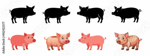 Set of pig silhouettes and cartoon pigs isolated on a white background. Concept of farm animals, cute illustrations, livestock. Print, icon, design element.