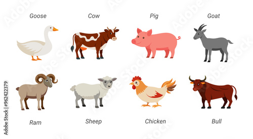 Cute farm animals collection featuring goose, cow, pig, goat, ram, sheep, chicken, and bull. Concept of barnyard creatures, domestic animals, kids illustrations, and farm life. Design elements.