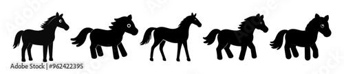 Black silhouette of a funny toy horses in various poses isolated on a white background. Concept of equine kids illustration, domestic animal, minimalist style, cute horse. Print, icon, design element.