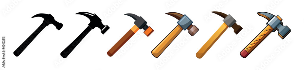Colorful and Black Silhouettes of Hammers Isolated on a White Background. Concept of Hand Tools Illustration, Construction Equipment, and DIY Projects. Print, Icon, Design Elements Colorful and Black Silhouettes of Hammers Isolated on a White Background. Concept of Hand Tools Illustration, Construction Equipment, and DIY Projects. Print, Icon, Design Elements