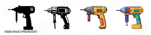Collection of Various Drills in Different Styles and Colors. Colorful illustrations and black silhouettes. Concept of Construction Tools, Hand Equipment, Detailed Design Elements