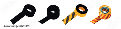 Illustration set of different construction tapes in various designs and colors. Concept of industrial tools, safety markings, and construction site equipment