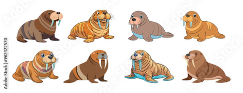 Cute Cartoon Walruses Isolated on a White Background. Concept of Marine Animals, Adorable Sea Creatures, Funny Walrus Illustrations. Print, Icon, Design Element