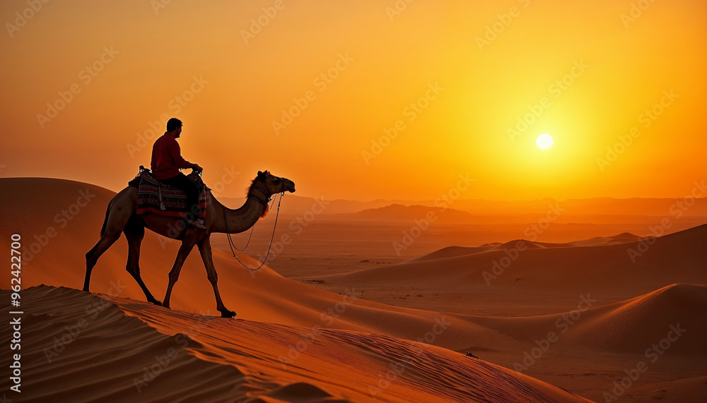 A camel moves across rugged desert dunes at sunset, with golden hues and expansive terrain.
A camel moves across rugged desert dunes at sunset, with golden hues and expansive terrain.