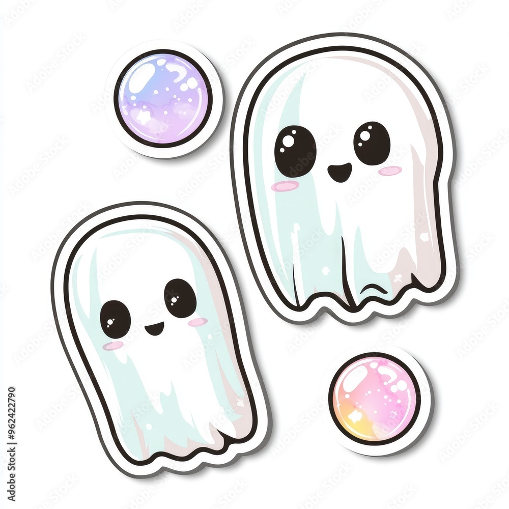 Cute Ghost Stickers with Pastel Rainbow Orbs Cute Ghost Stickers with Pastel Rainbow Orbs