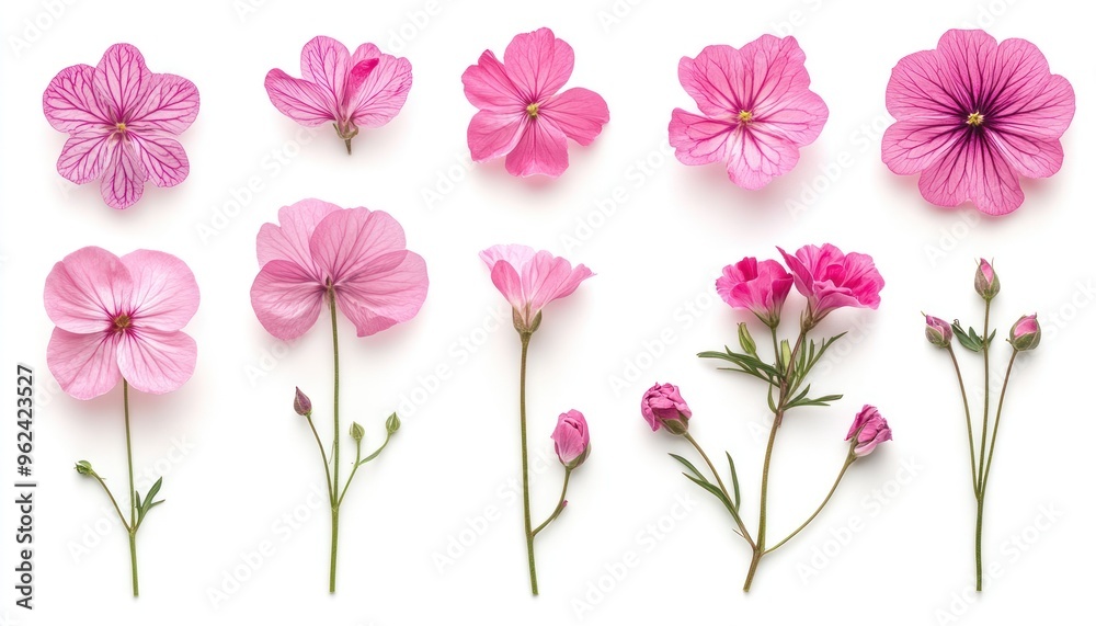 Pink Flowers and Buds on White Background Pink Flowers and Buds on White Background