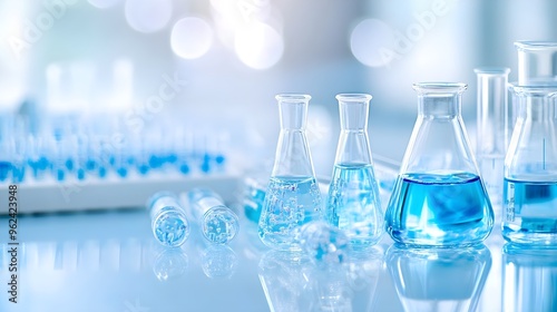 Blue Liquid in Glass Flasks, Laboratory Experiment