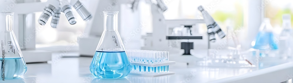 Blue Liquid in Laboratory Flasks & Test Tubes