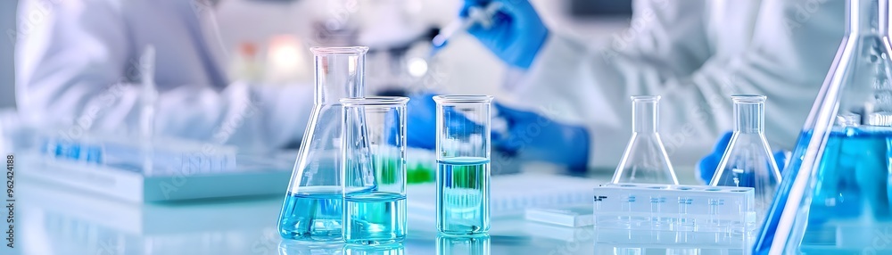 Blue Liquid in Laboratory Flasks, Scientific Research Blue Liquid in Laboratory Flasks, Scientific Research