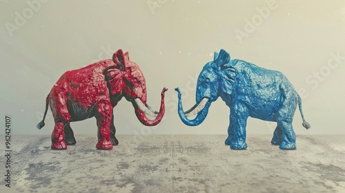 Red and Blue Elephants Facing Each Other photo