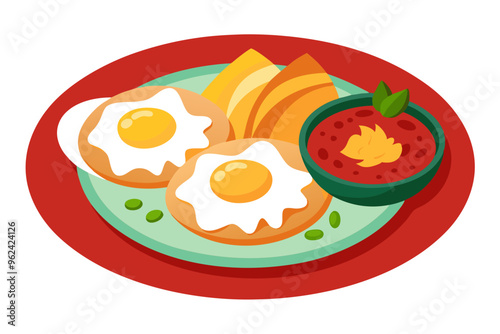 Mexican Chilaquiles Platter with Eggs, Salsa Roja, and Queso Fresco Vector Illustration photo