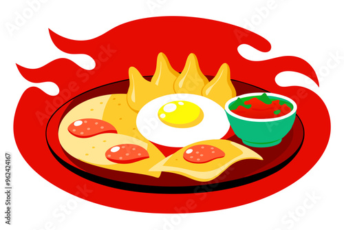 Mexican Chilaquiles Platter with Eggs, Salsa Roja, and Queso Fresco Vector Illustration photo