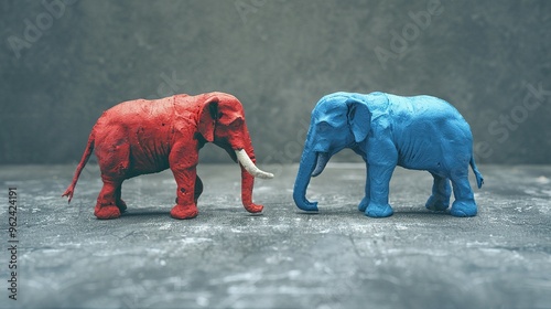 Red and Blue Elephant Figurines Facing Each Other photo