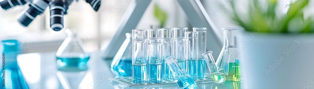 Blue Liquid in Test Tubes & Flasks, Scientific Lab Blue Liquid in Test Tubes & Flasks, Scientific Lab