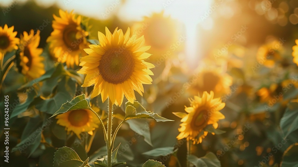 Fototapeta premium Sunlit Sunflower Field with Golden Glow