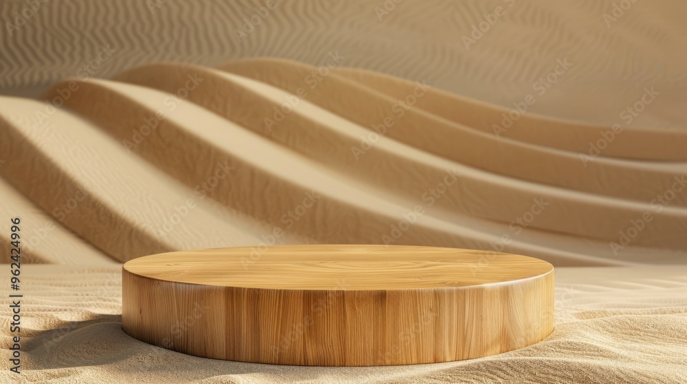 Wooden podium on sandy background for cosmetics product display. Conceptual stage for showcasing products. Wooden podium on sandy background for cosmetics product display. Conceptual stage for showcasing products.