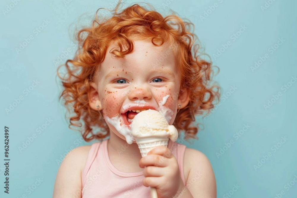 Happy child curly hair enjoying carefree childhood moments. Little one can't get enough of their ice cream. Vibrant childhood memories etched candid heartfelt expressions. Happy child curly hair enjoying carefree childhood moments. Little one can't get enough of their ice cream. Vibrant childhood memories etched candid heartfelt expressions.