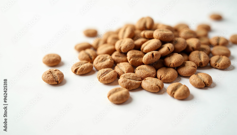 A close-up of dry dog food kibble scattered on a clean white surface, showcasing its texture and shape in bright daylight
A close-up of dry dog food kibble scattered on a clean white surface, showcasing its texture and shape in bright daylight